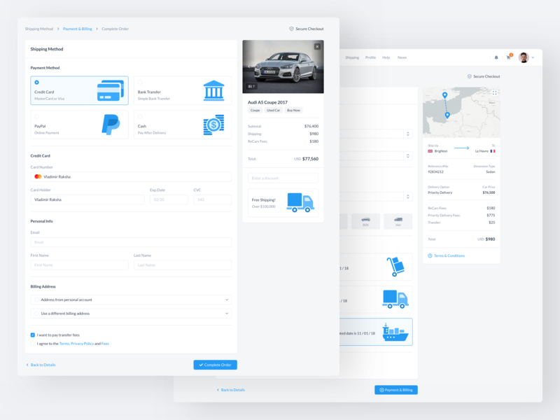 ReCars UI Kit - Shipping & Checkout audi automobile behance car cards checkout clean dashboard delivery design details form homepage info payment sale settings shipping uikit website