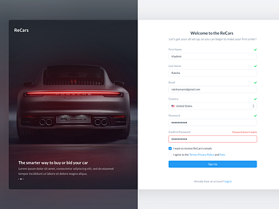 ReCars UI Kit - Sign In / Sign Up account automobile behance car cards clean design form getting started login password porsche registration sale sign in sign up uikit website