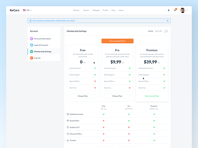 ReCars UI Kit - Membership Settings
