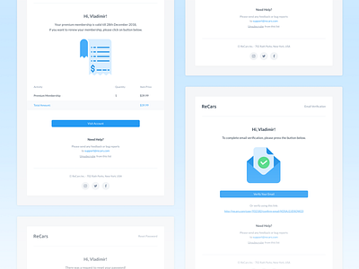 ReCars UI Kit - Email Templates application behance blue cards clean design email email design email template form invoice profile profiles reset password sale template uikit website