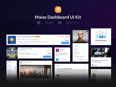 Maise Dashboard UI Kit behance content dashboard icons login mail messages movies music news newsfeed product productivity sell signup social ui uikit ux website