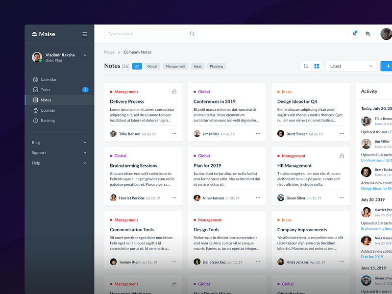 Notes - Maise Dashboard UI Kit by Vladimir Rakshâ on Dribbble
