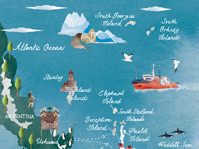 Antarctica Map 1/2 drawing editorial illustratedmap illustration map watercolour