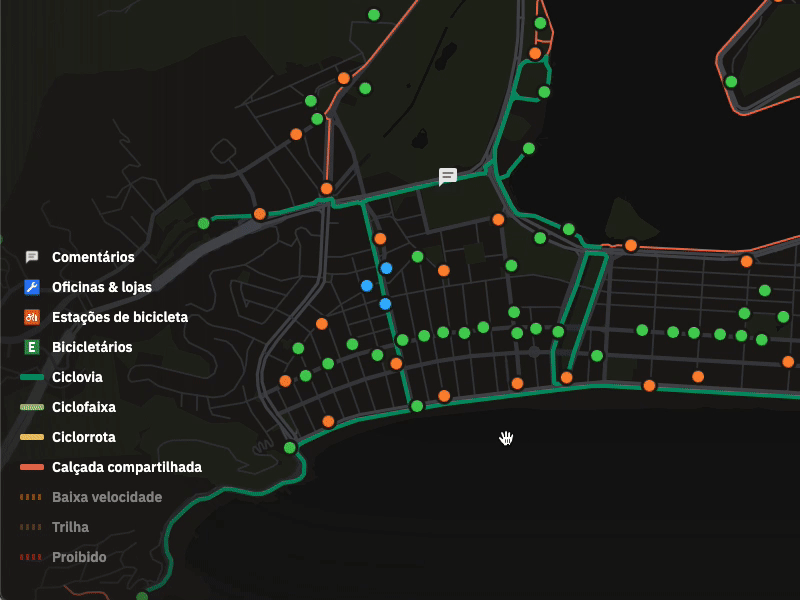 Bike map legend + filters interaction analytics bike brazil cycling dark theme filters hover interactive layers legend map ui urban mobility ux