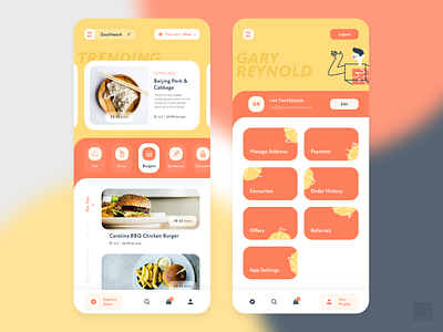 Food Delivery App - Home and Profile Screens android app apple buy cart delivery design dish ecommerce food graphics illustration interface minimal mobile platform product design ui ux visual
