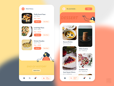 Food Delivery App - Order History and Search Screens android app apple buy delivery design ecommerce food graphics history illustraion interface minimal mobile platform product design search ui ux visual