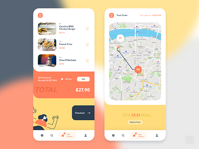 Food Delivery App - Orders and Delivery Screens android app apple buy delivery design ecommerce food graphics illustraion interface map minimal mobile orders platform product design ui ux visual