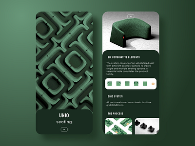 UNIO - Seating (Product App Concept) app appdesign chair clean clear design elegant green interface luxury matte minimal premium product productdesign seat simple sketch ui ux