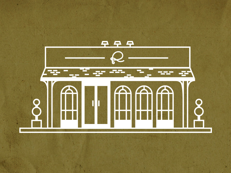 Rivers and Glen Store Front Illustration #2 drab green shop store line illustration