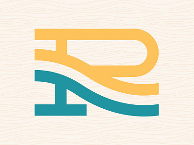 Riverside Village V2 aqua brand icon logo r river teal water wood grain yellow