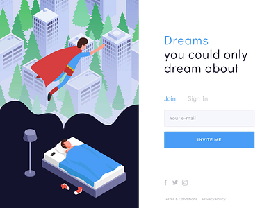 Dreams on demand animation bed character dream form home page illustration isometric illustration sleeping superman ui ux web deisgn