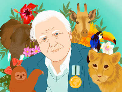 David Attenborough UN Champion of the World design drawing editorial illustration portrait