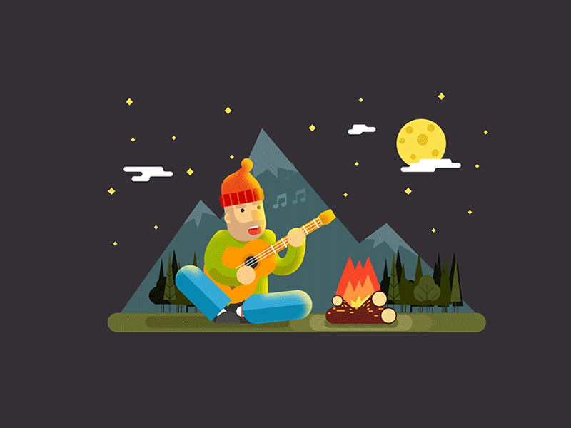 Out In The Woods 2d animation camp cold fire flat guitar man old sing wind