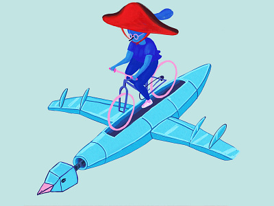 Flying bicycle bike bird blue cycling flying girl hat illustration machine robot woman