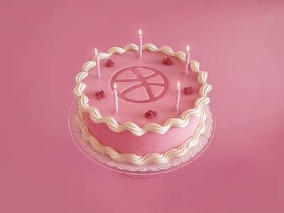 3D Birthday cake for Dribbble 5 Years 3d 3d max anniversary birthday cake candles cream dribbble pink vray