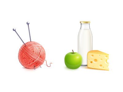 A couple of realistic 3d icons apple cheese handmade knit knitting milk products