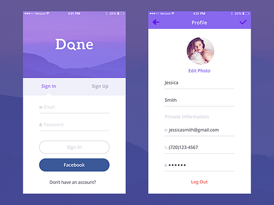 'Done' iPhone App Concept (Sign in, Profile screens) find flat interface ios iphone local login professional profile sign in ui ux