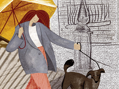 Woman with dog under the rain.