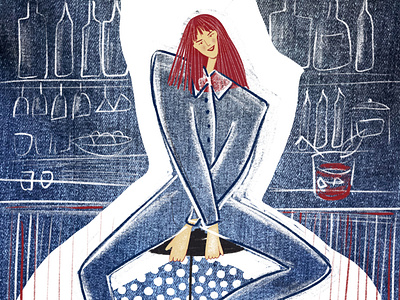 Girl in jeans suite in bar - denim illustration. Digital collage