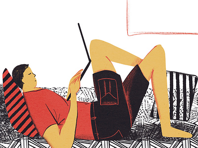 Illustration of Man laying at sofa with laptop