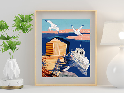 Digital collage - sea view with small white ship and seagulls