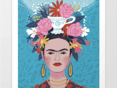 Frida Kahlo portrait illustration with big bunch of flowers