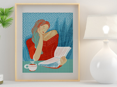 Portrait of young woman in red reading book with cup of tea.