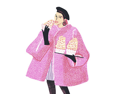 Fashion illustration - cute slim girl in pink coat with cupcakes book illustration character character design design digital editorial fashion girl illustration people people illustration portrait pretty woman procreate woman woman illustration