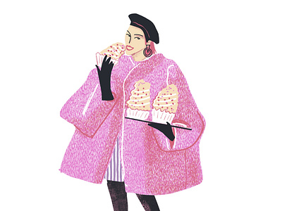 Fashion illustration - cute slim girl in pink coat with cupcakes