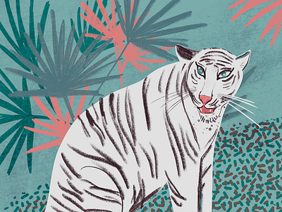 White tiger poster on turquoise background with Palm leaves 2d abstract animal big cats book illustration cat design digital art editorial for man graphic graphic design illustration modern procreate tiger turquoise white tiger