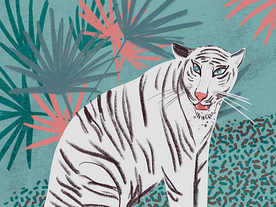 White tiger poster on turquoise background with Palm leaves