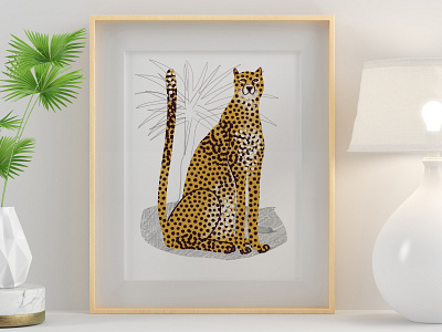 Yellow Leopard - hand drawn Illustration with some collage africa animal art book illustration cute animal design editorial gepard home deco illustration leopard palm tree poster procreate safari wall art yellow