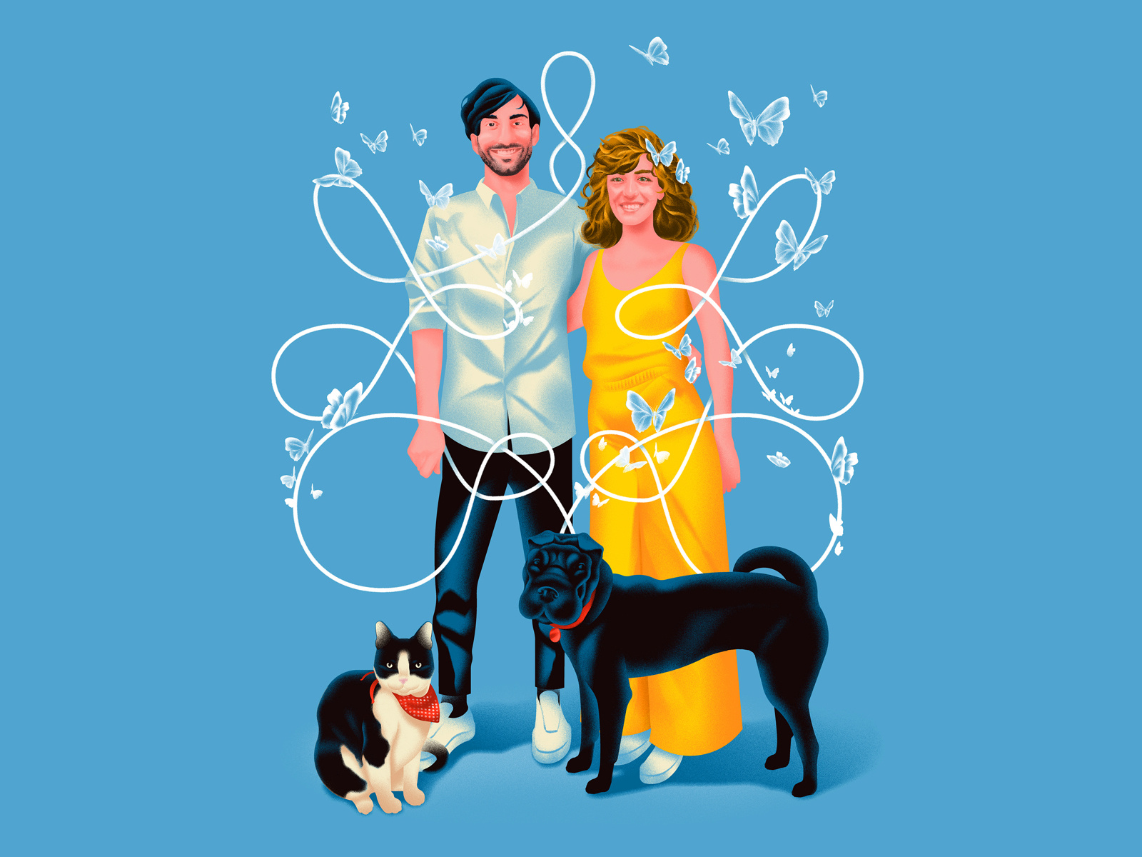 Double Trouble blue butterfly cat couple design digital digital art dog graphicdesign icon illustration lettering linework marriage portrait yellow