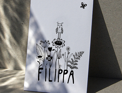 Filippa baby card illustration baby card bird black and white character illustration children illustration design digital illustration drawing fineliner flowers hand made illustration