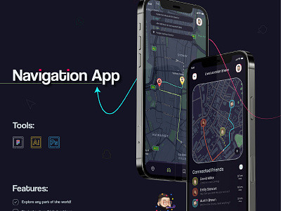 Navigation App Concept dark mode direction gps interaction design live location location sharing map mobile mobile ui navigation tracking ui ui design ui inspiration uiux ux design