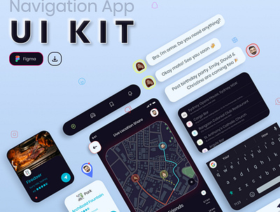 Navigation App UI-KIT chat app explore figmadesign friend livestream location app location tracker map navigation nearby social media uidesign uiinspiration uikit uiux uxdesign