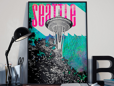 Fun neon paint spattered Seattle poster art frame fun graphic design painting poster print design seattle space needle