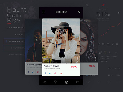 Social Media Influencer app - Dark Theme darktheme darkui dashboard discover discovery media profilecard social