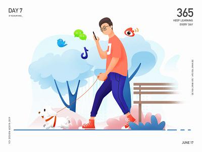 walk my dog airpods boy character dog illustration outdoor park people puppy tik tok trees twitter ui walk wechat