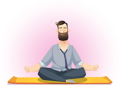 Man meditating in lotus pose on yoga mat in a business suit