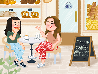 Coffee with BFF cartoon character cute digitalart illustration