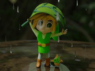 Link and Korok from Zelda series cover from rain with korok Leaf 3d animation background branding character design gif graphic design green illustration motion graphics yellow