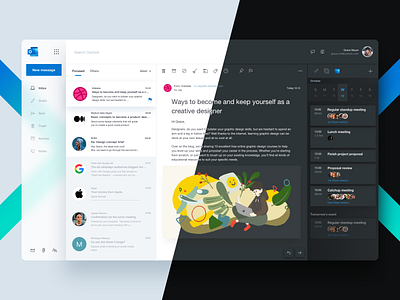 Outlook Inbox & Events redesign dark theme design desktop email illustration minimalist outlook simple ui web ui