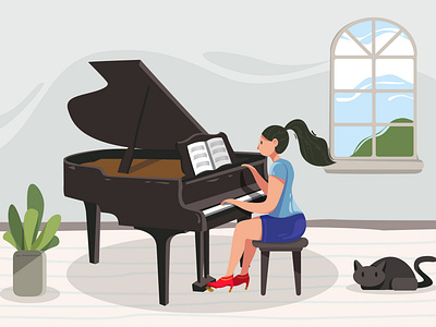I Like Piano 🎻 cat design illustration landing page music piano room ui vector violin