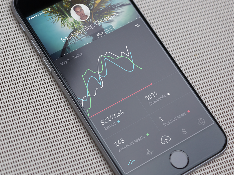 Shutterstock Contributor Dashboard 2 bars charts mockup icons tab bar dark iphone dashboard ux ui