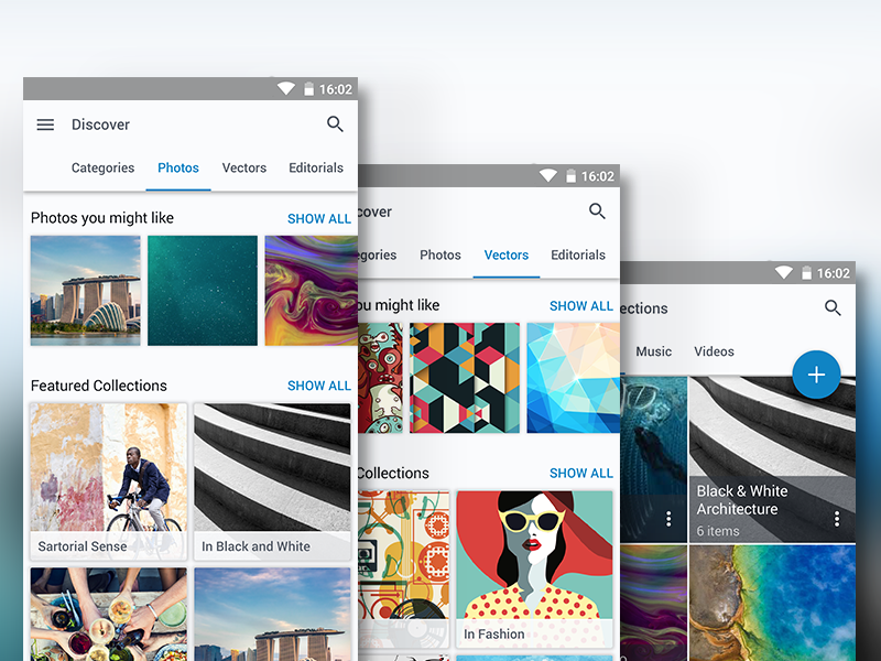 Shutterstock Material Design Concept - Discover & Manage shutterstock photos images fab phone flat material design android