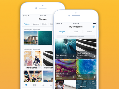Shutterstock iOS Design Concept - Discover & Manage app collections design illustrator interface ios iphone light theme lists mockup ui ux