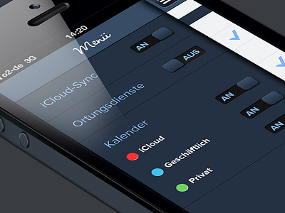 Calenday Menu app appstore black iphone blue green ios iphone menu mockup productivity red swipe switch toggles