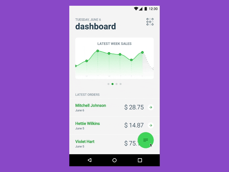 Kurrency dashboard and menu android animation app green