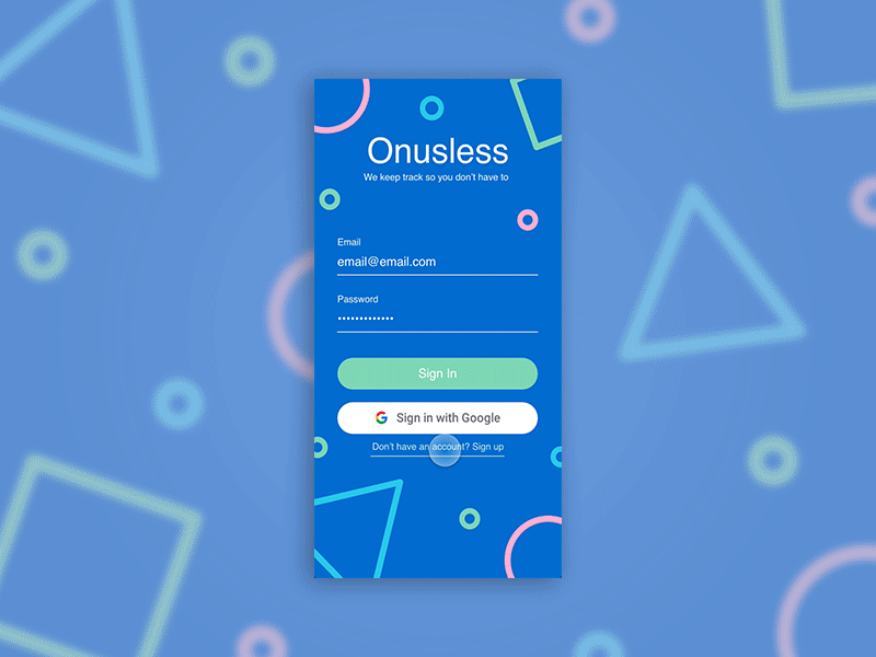 Onusless Auto Animation app design auto animate daily ui made with adobe xd prototype sign in sign up web design